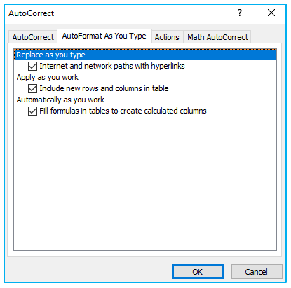 AutoCorrect option in Excel