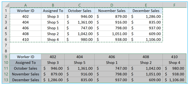 Transpose in Excel