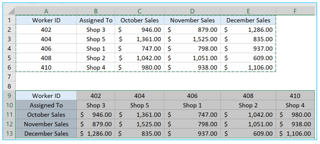 Transpose in Excel