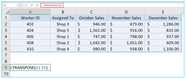 Transpose in Excel