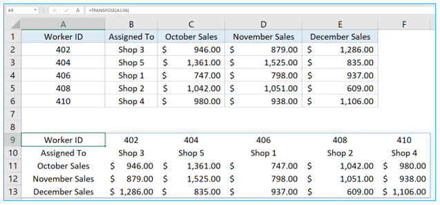 Transpose in Excel