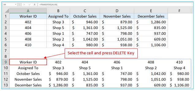 Transpose in Excel