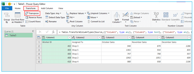 Transpose in Excel