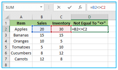Not Equal To in Excel