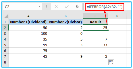 Division in Excel