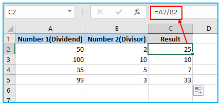 Division in Excel