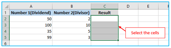 Division in Excel