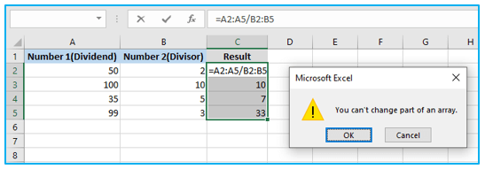 Division in Excel