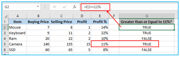 Greater Than or Equal to in Excel