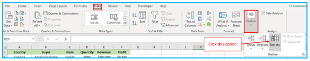Outline Data in excel