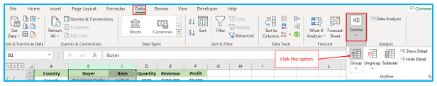 Outline Data in excel