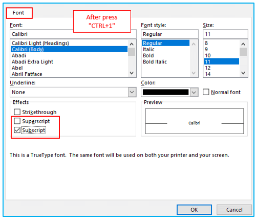 Superscript and Subscript in Excel