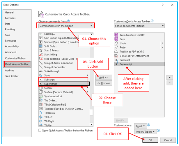 Superscript and Subscript in Excel