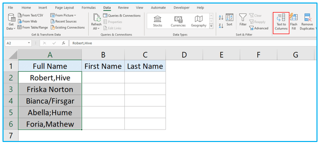 Text to Columns Option in Excel