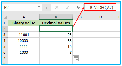 BIN2DEC Function in Excel