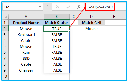 Compare Texts of Two Cells in Excel