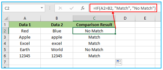 Compare Texts of Two Cells in Excel