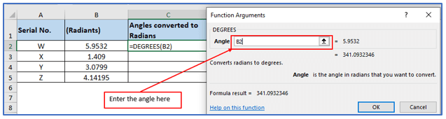 DEGREES function in excel