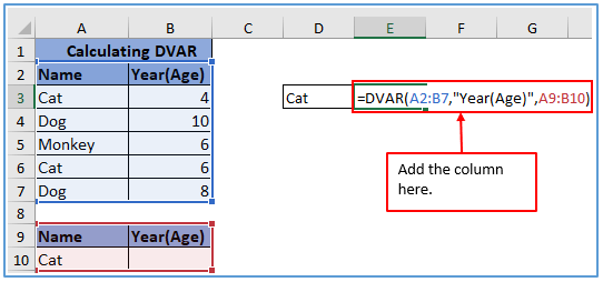 DVAR function in excel