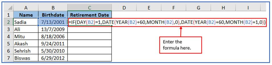 retirement date formula in Excel