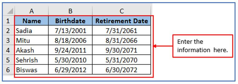 retirement date formula in Excel